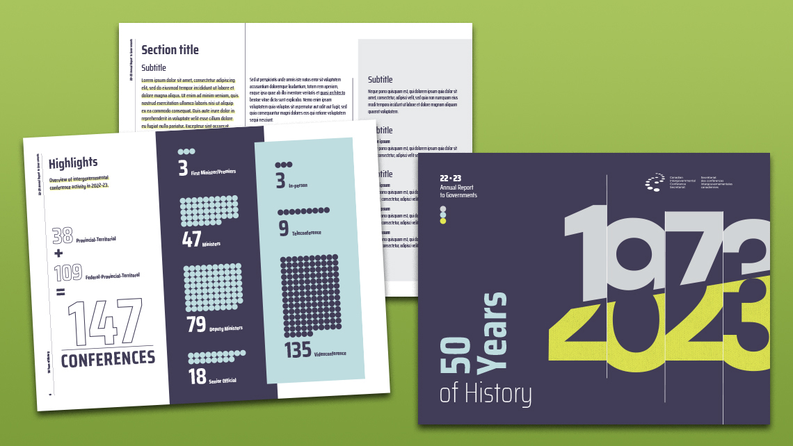 Couverture du rapport annuel 2022-2023 soulignant le 50e anniversaire, avec les années 1973–2023 en visuel.