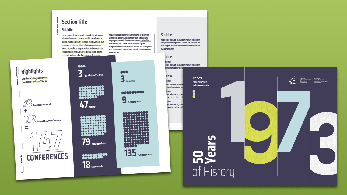 Couverture en style flat design du rapport annuel 2022-2023 avec éléments graphiques inspirés de 1973.