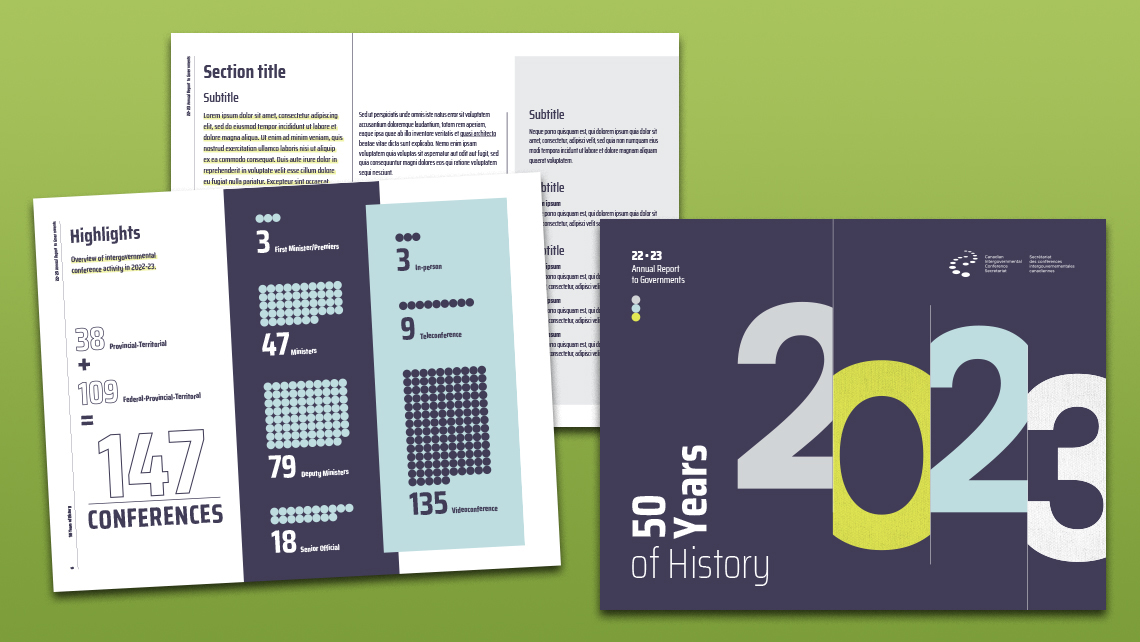Couverture minimaliste du rapport annuel 2022-2023 avec typographie épurée et mise en page moderne.