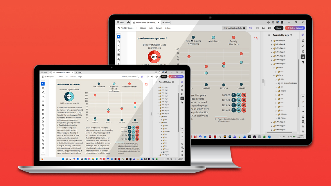 Pages du rapport annuel 2024-2025 présentant graphique à bulles et un graphique circulaire.