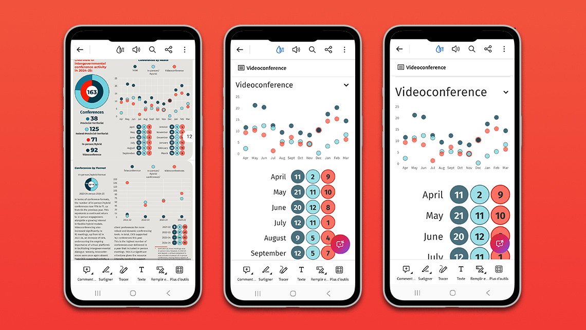 Pages du rapport annuel 2024-2025 adaptées au mobile avec visualisations de données.