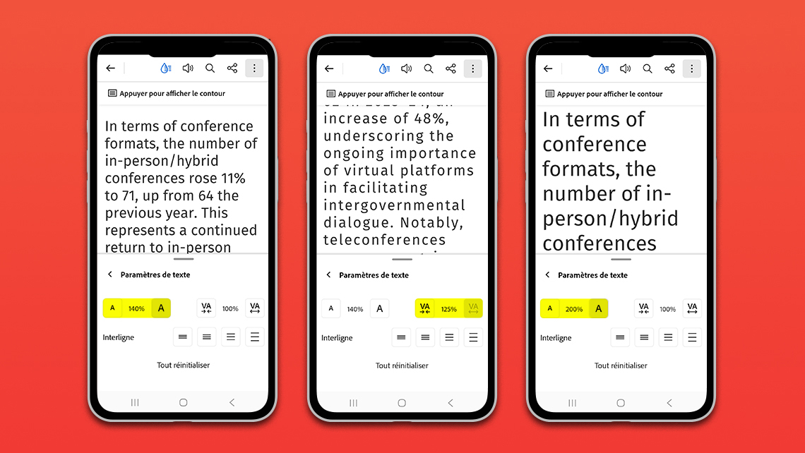 Pages du rapport annuel 2024-2025 avec texte et contrôles d’affichage mobile.